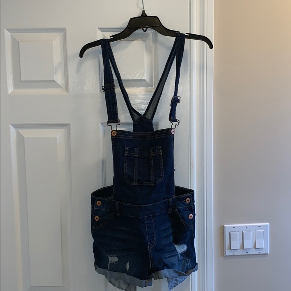 Distressed overall shorts